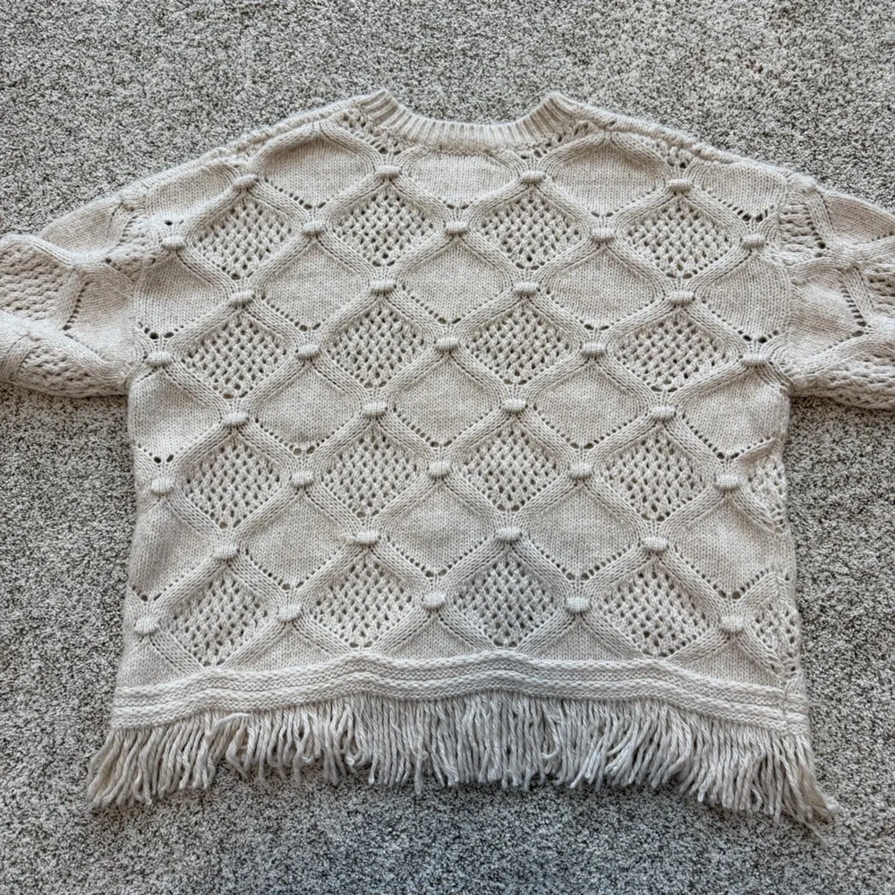 Frye Oatmeal Heather Knit Fringe Sweater | Boho Chunky Textured Pullover Large - Picture 3 of 11